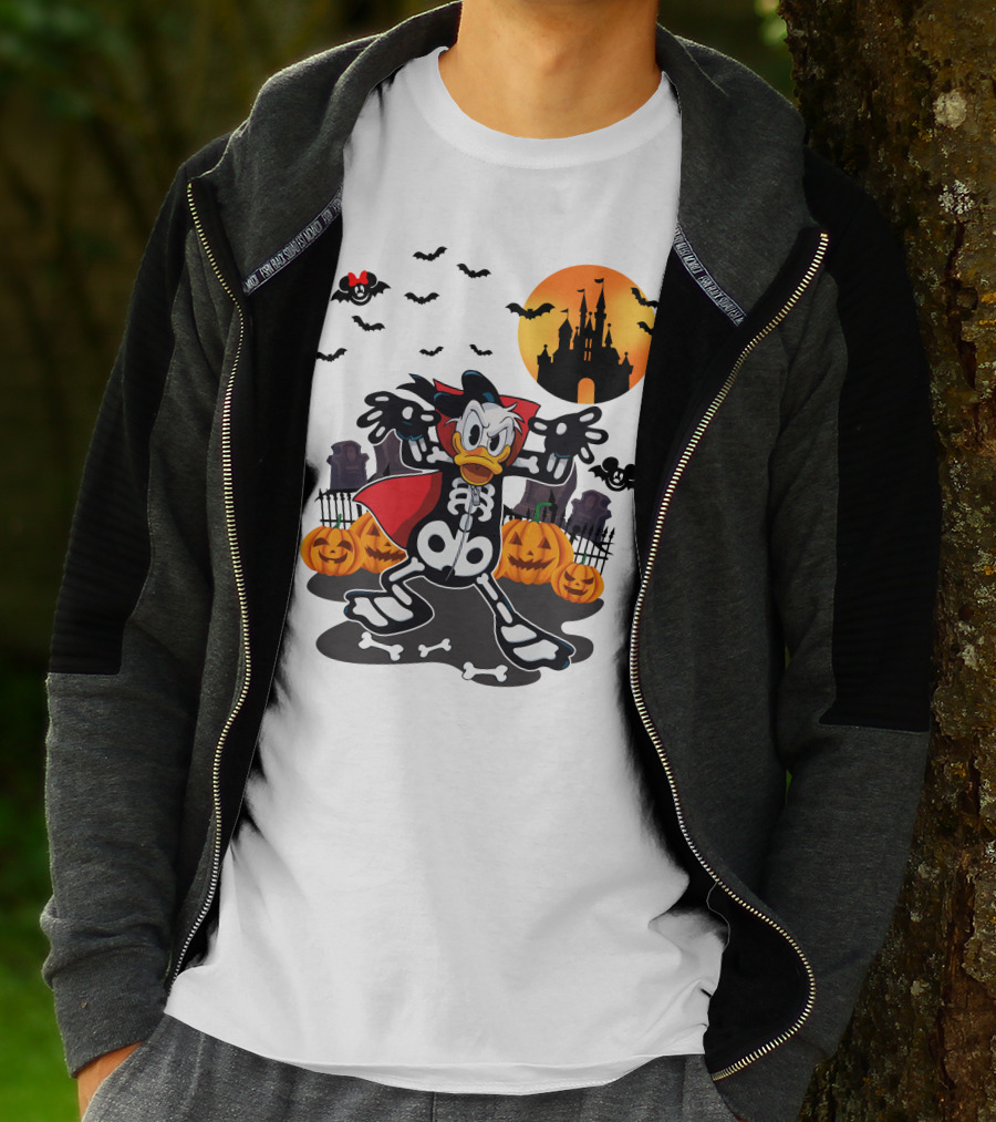 Donald Duck Halloween Skeleton Costume With Bats And Castle T-Shirt