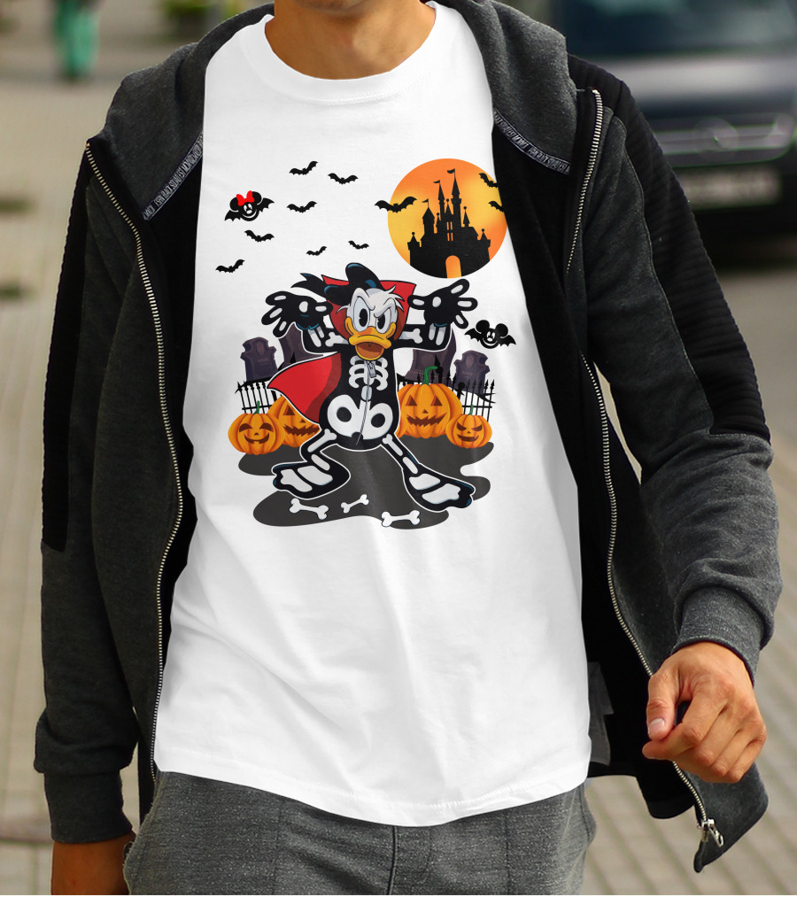 Donald Duck Halloween Skeleton Costume With Bats And Castle T-Shirt