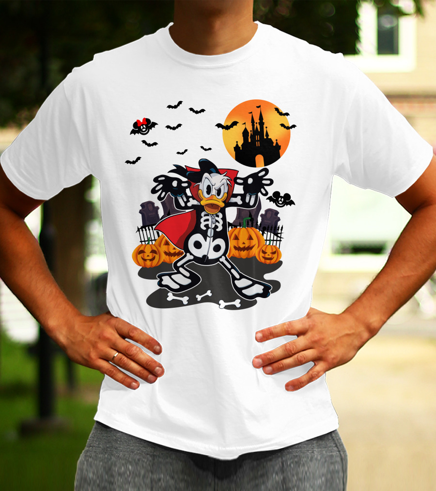Donald Duck Halloween Skeleton Costume With Bats And Castle T-Shirt