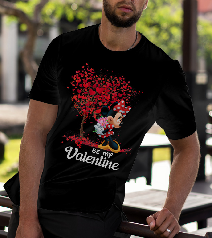 Be My Valentine Minnie With Heart Tree And Flowers T-Shirt