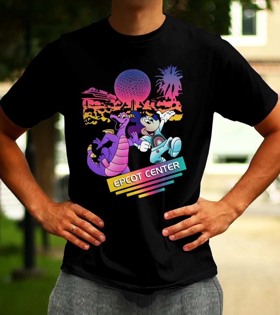 EPCOT CENTER Figment And Mickey Spaceship Earth Retro Spectrum Colors T-Shirt