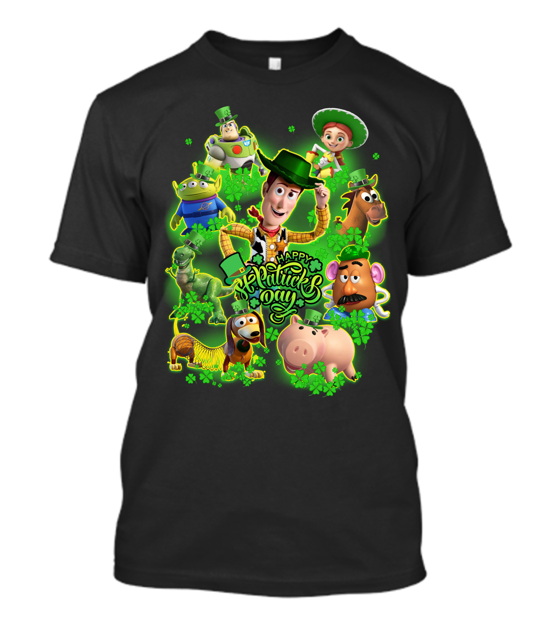 Happy St. Patrick's Day Toy Story Characters In Green Outfits With Shamrocks T-Shirt