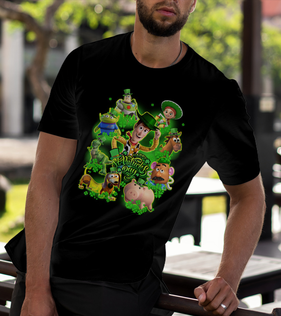 Happy St. Patrick's Day Toy Story Characters In Green Outfits With Shamrocks T-Shirt