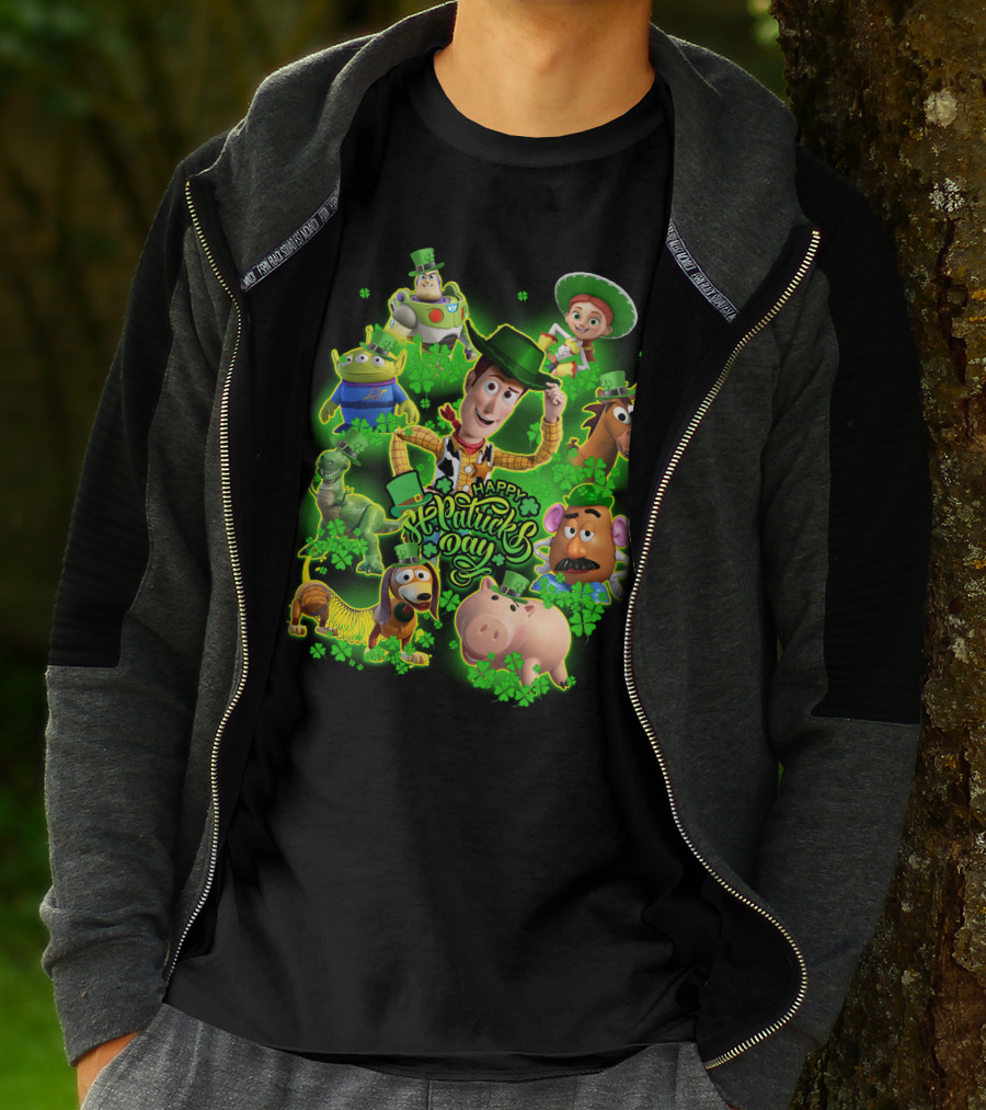 Happy St. Patrick's Day Toy Story Characters In Green Outfits With Shamrocks T-Shirt