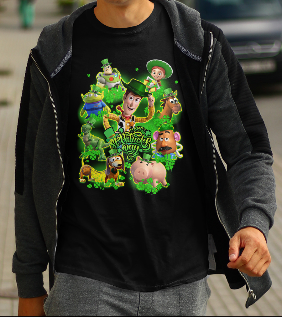 Happy St. Patrick's Day Toy Story Characters In Green Outfits With Shamrocks T-Shirt