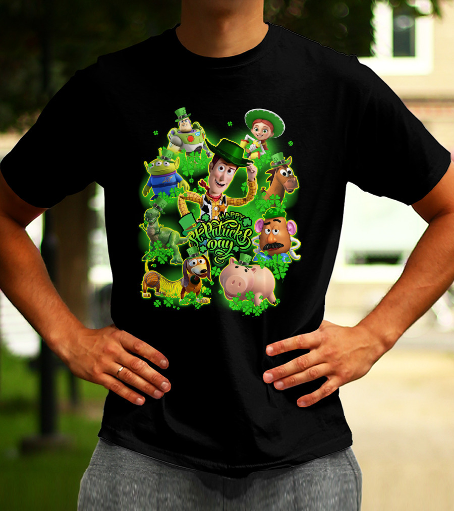 Happy St. Patrick's Day Toy Story Characters In Green Outfits With Shamrocks T-Shirt