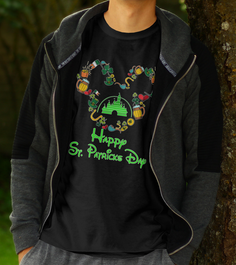Happy St. Patrick's Day Disney Castle With Shamrock And Beer Icons T-Shirt