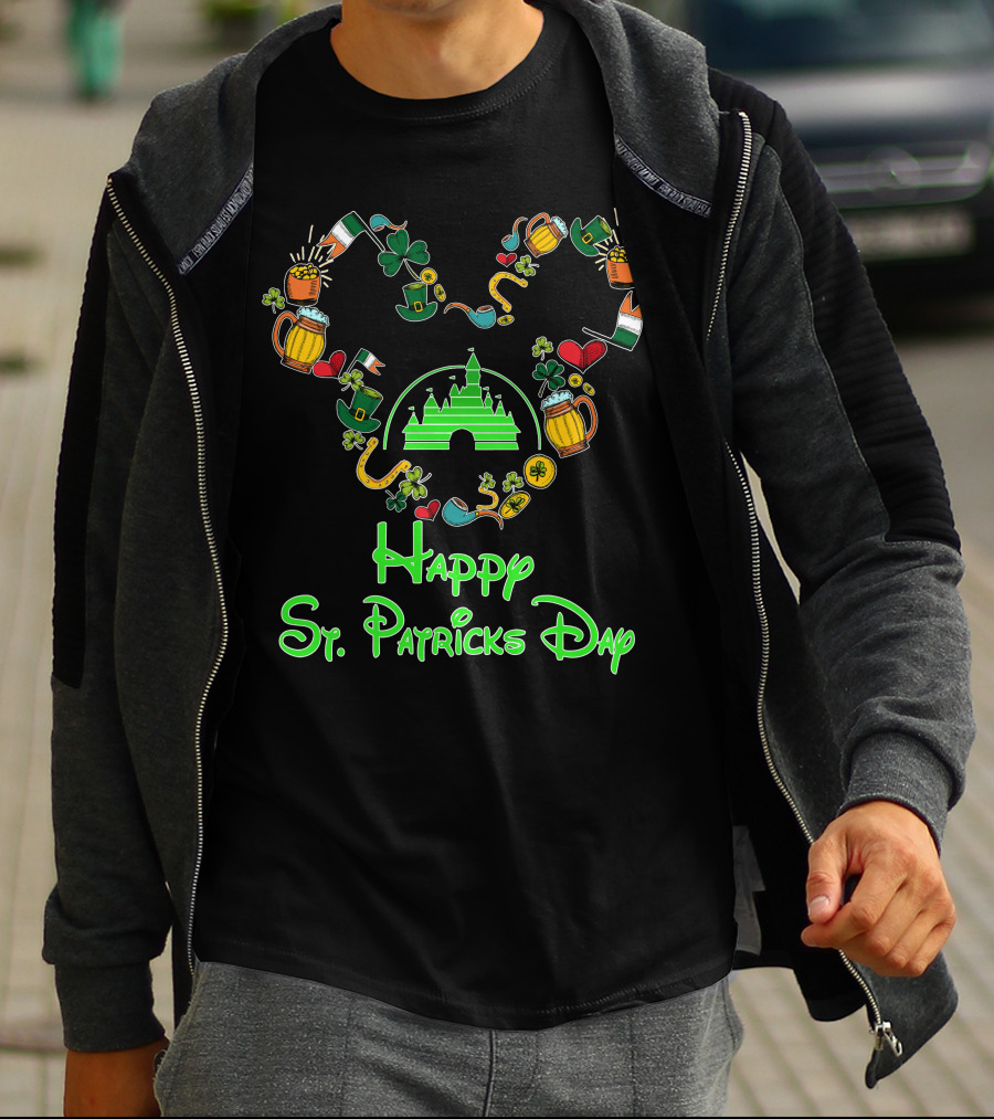 Happy St. Patrick's Day Disney Castle With Shamrock And Beer Icons T-Shirt