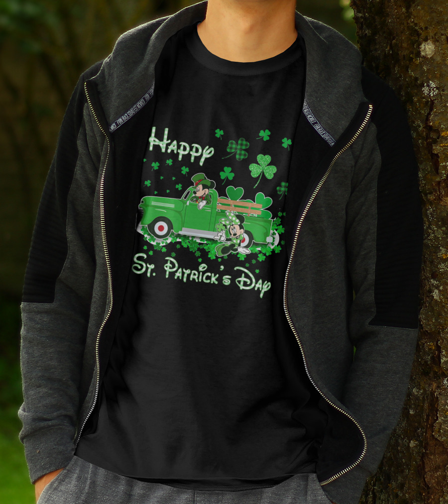 Happy St. Patrick's Day Mickey Mouse Green Truck Shamrocks T-Shirt
