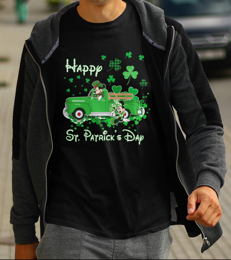 Happy St. Patrick's Day Mickey Mouse Green Truck Shamrocks T-Shirt