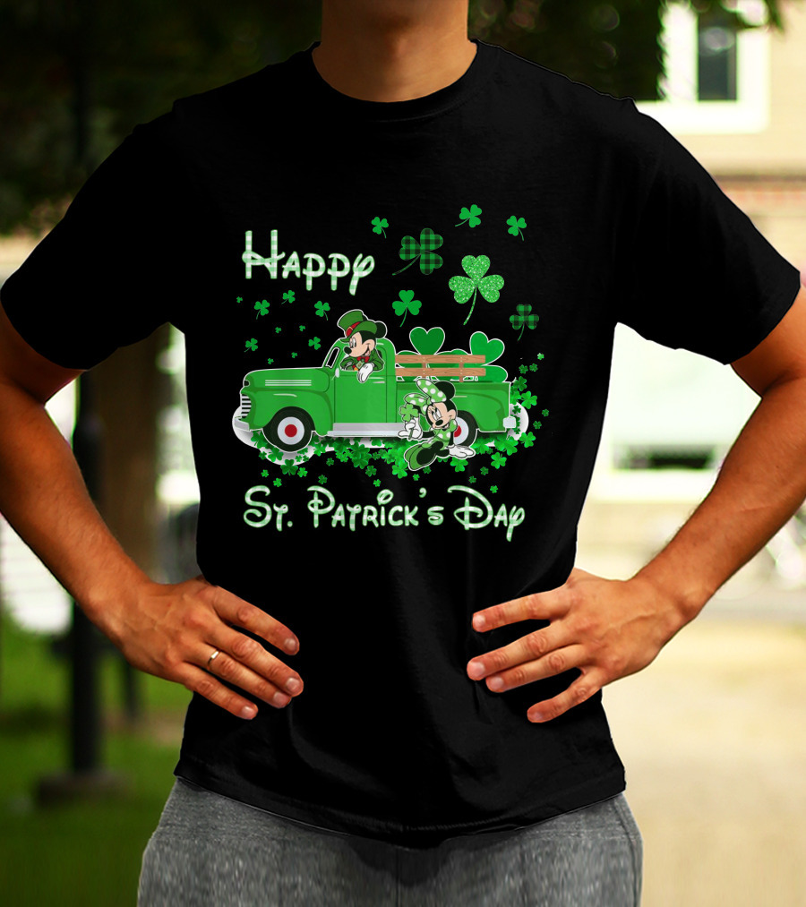 Happy St. Patrick's Day Mickey Mouse Green Truck Shamrocks T-Shirt