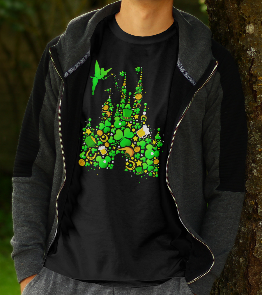 Disney Castle St. Patrick's Day Tinkerbell Leprechaun Hat Clover Coins Beer T-Shirt