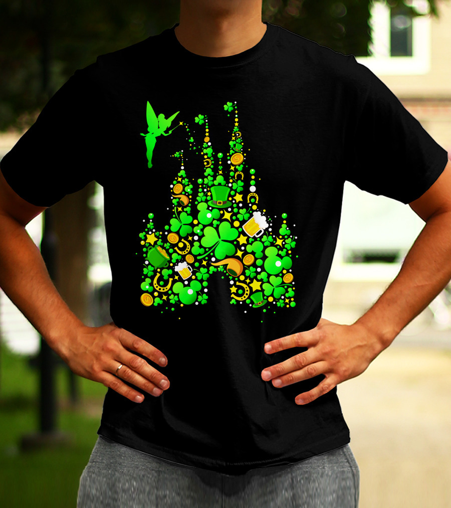 Disney Castle St. Patrick's Day Tinkerbell Leprechaun Hat Clover Coins Beer T-Shirt