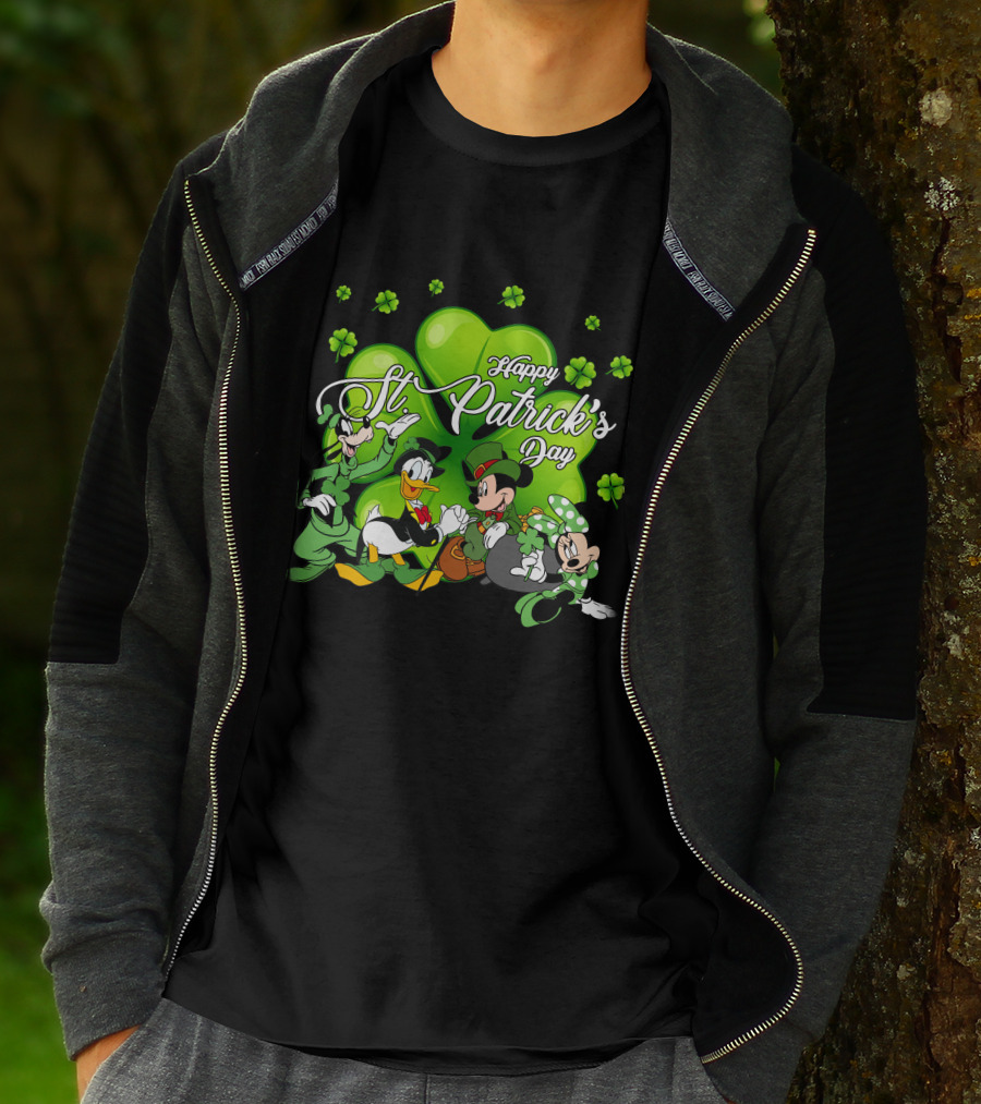 Happy St. Patrick's Day Mickey Mouse Donald Duck Goofy Minnie Mouse With Shamrocks T-Shirt