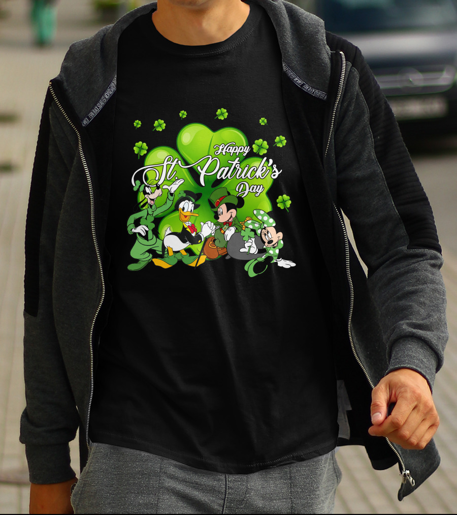 Happy St. Patrick's Day Mickey Mouse Donald Duck Goofy Minnie Mouse With Shamrocks T-Shirt