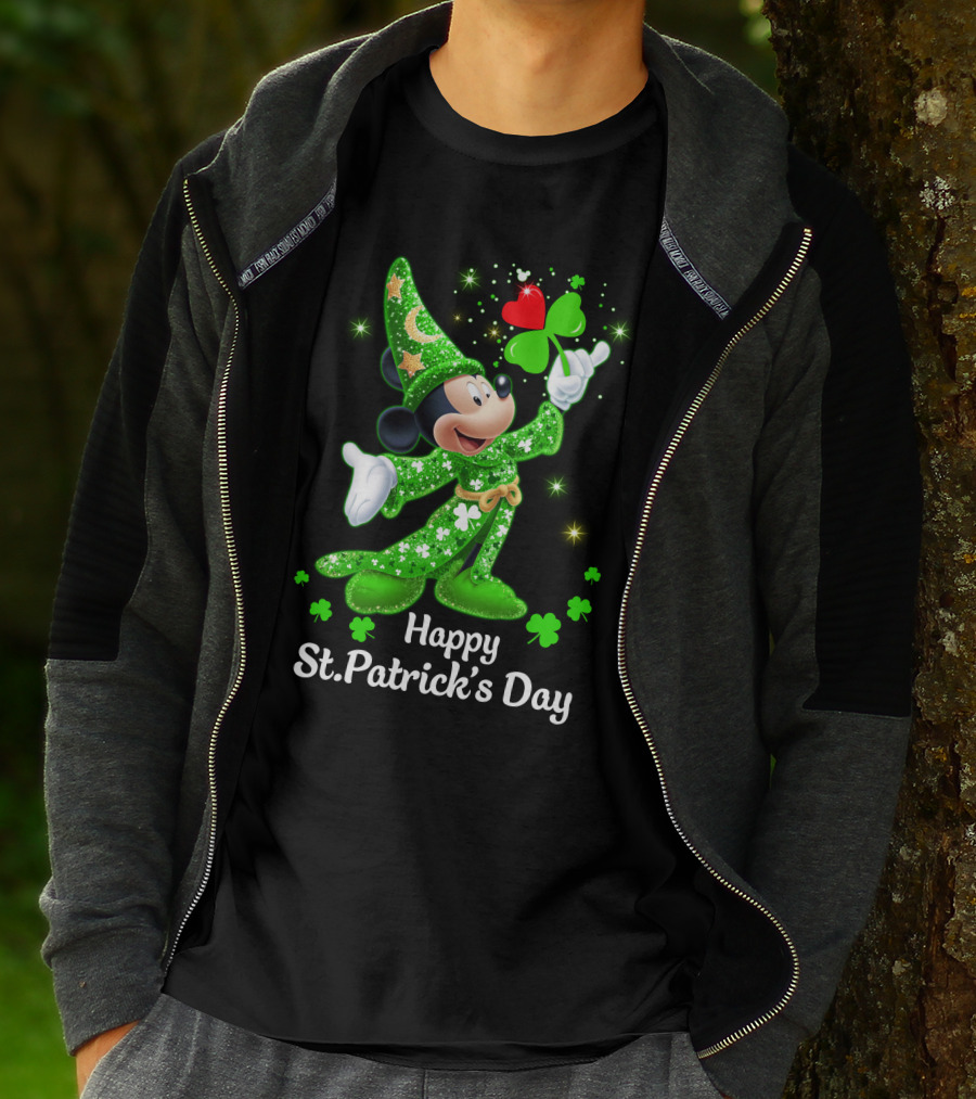 Happy St. Patrick's Day Mickey In Green Wizard Cloak With Clover Magic T-Shirt