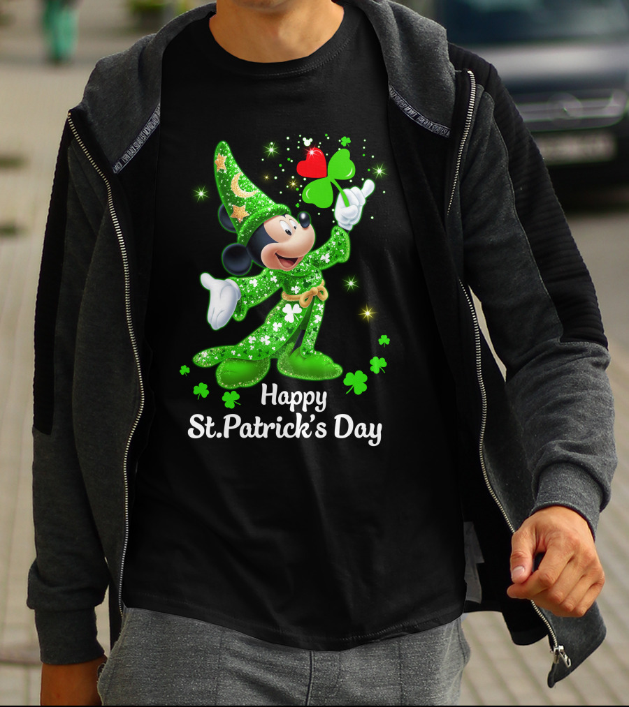 Happy St. Patrick's Day Mickey In Green Wizard Cloak With Clover Magic T-Shirt