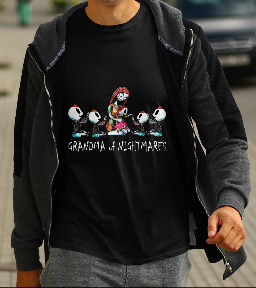 Grandma Of Nightmares With 4 Boys 1 Girl In Spooky Tim Burton T-Shirt