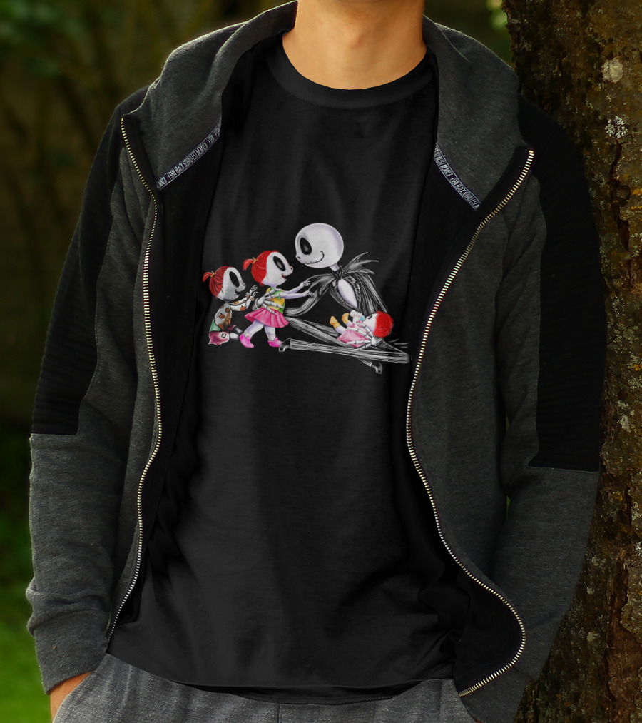 Jack Skellington And 3 Girls Halloween Scene T-Shirt