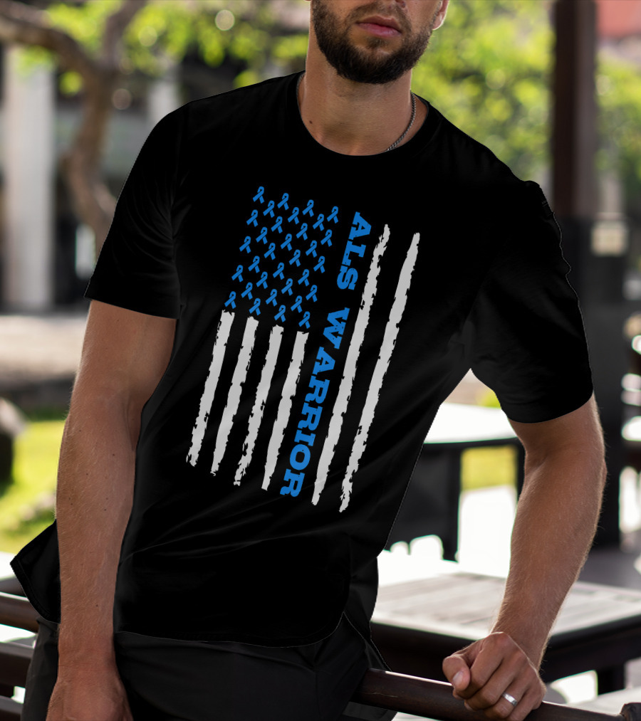 ALS Warrior Blue Ribbon Awareness American Flag USA T-Shirt