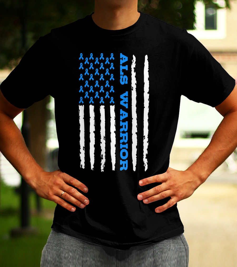 ALS Warrior Blue Ribbon Awareness American Flag USA T-Shirt