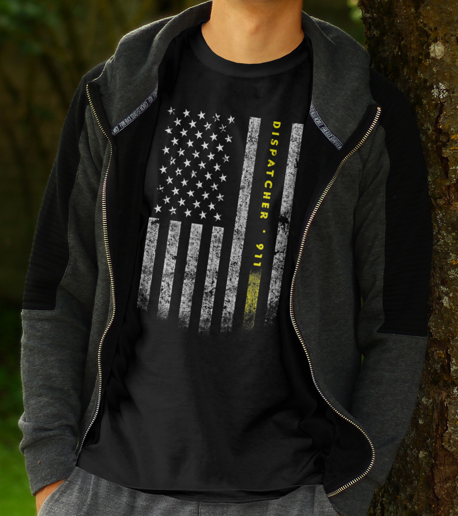 Dispatcher 911 American Flag With Gold Line USA Flag T-Shirt