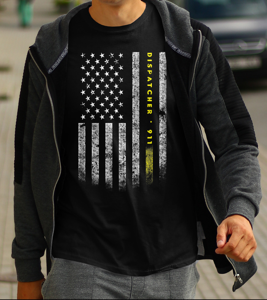 Dispatcher 911 American Flag With Gold Line USA Flag T-Shirt