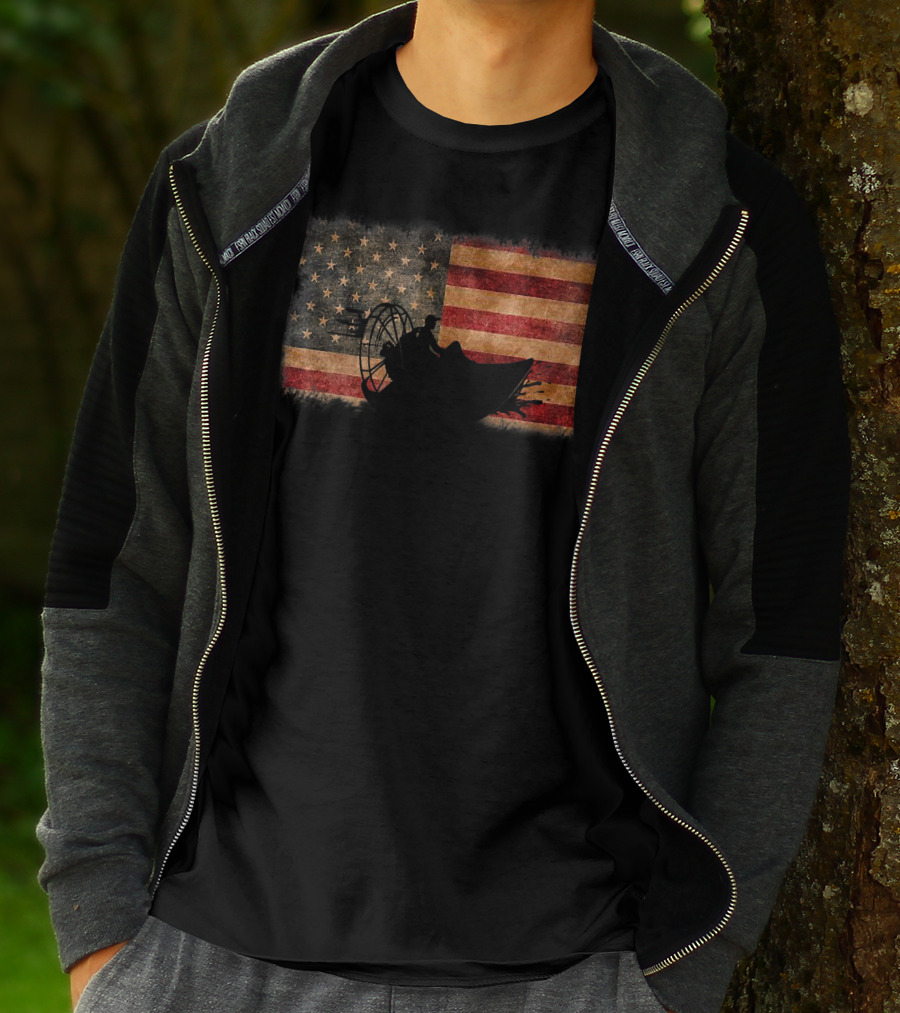 American Flag Airboat Racing Silhouette Over Rustic America T-Shirt