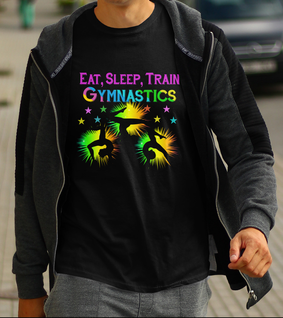 Eat Sleep Train Gymnastics Colorful Silhouette Stars Explosion T-Shirt