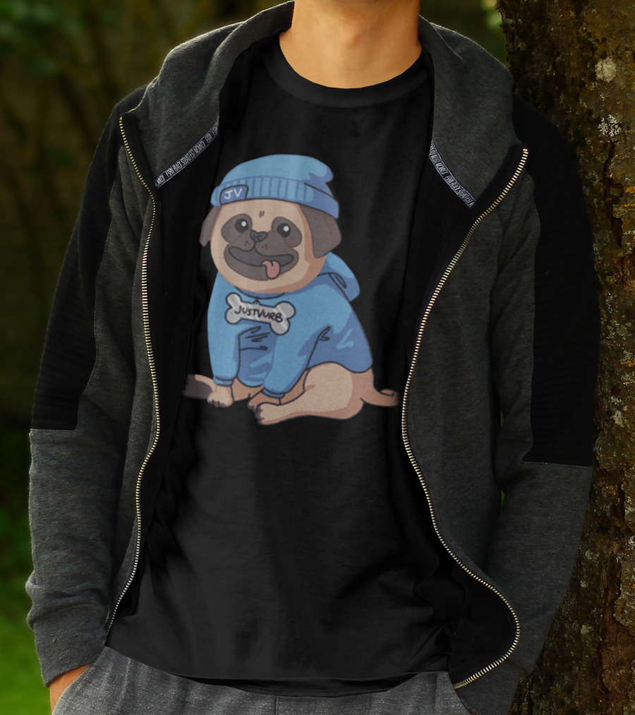 Justvurb JV Pug Dog In Blue Hoodie And Beanie T-Shirt
