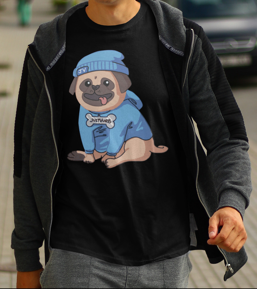 Justvurb JV Pug Dog In Blue Hoodie And Beanie T-Shirt