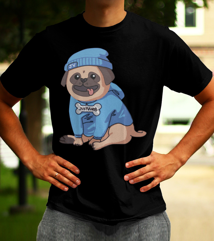Justvurb JV Pug Dog In Blue Hoodie And Beanie T-Shirt