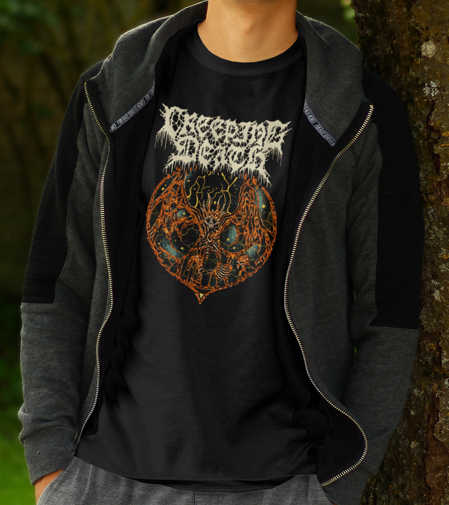 Creeping Death Skeleton Demon With Orange Lightning And Cosmic Background T-Shirt