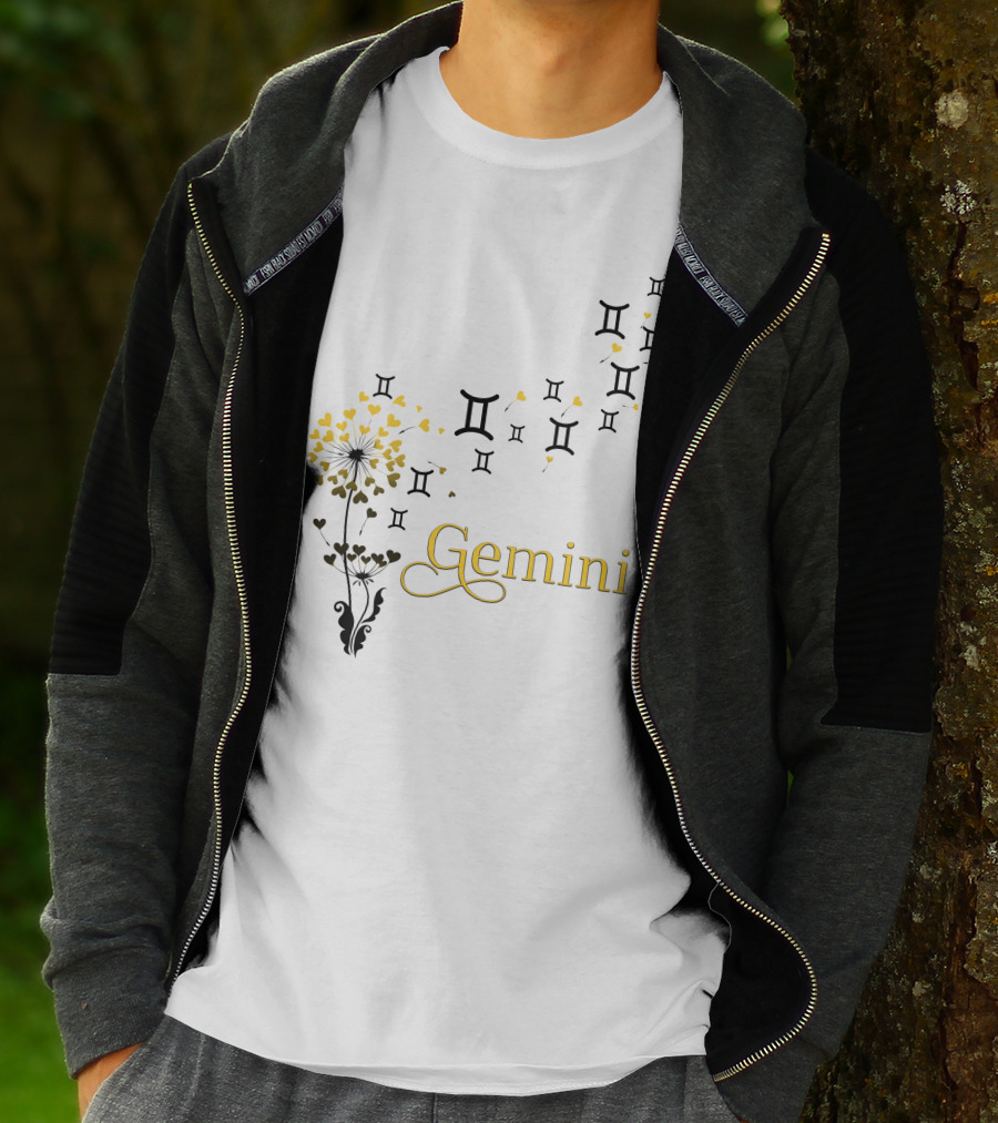 Gemini Zodiac Symbol Flower With Hearts And Emblem Accents T-Shirt