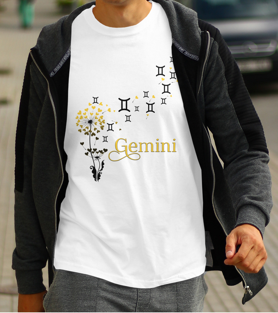 Gemini Zodiac Symbol Flower With Hearts And Emblem Accents T-Shirt