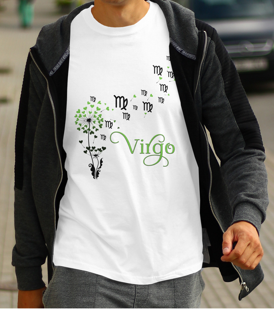 Virgo Zodiac Symbol Flower With Green Heart Leaves T-Shirt