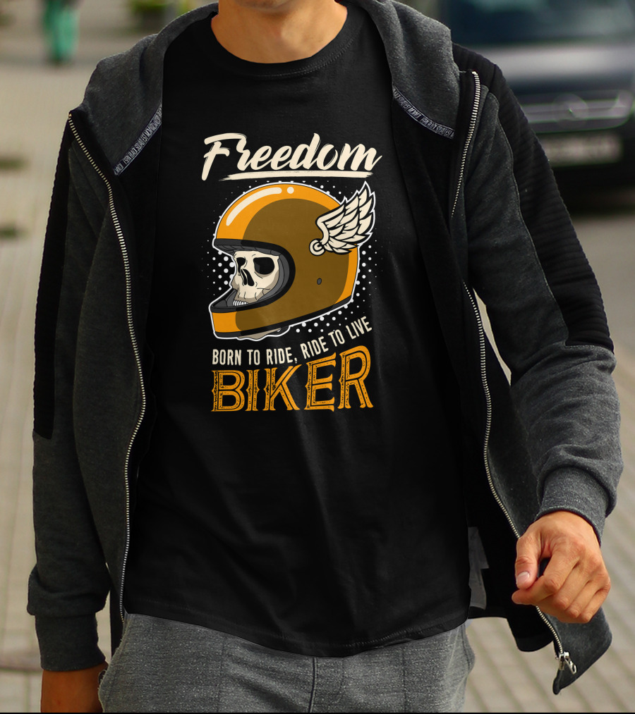 Freedom Born To Ride Ride To Live Biker Skull Winged Helmet T-Shirt
