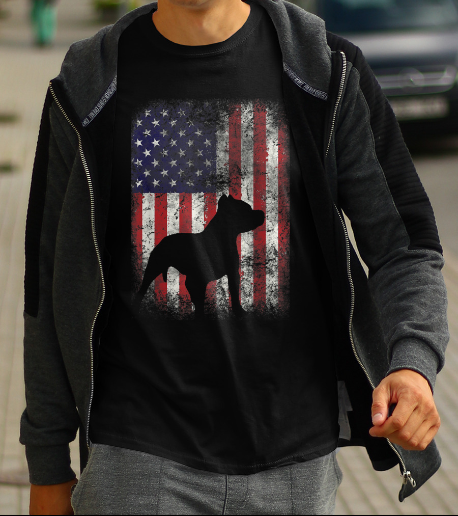 Pitbull Silhouette Against American Flag USA Patriotic T-Shirt