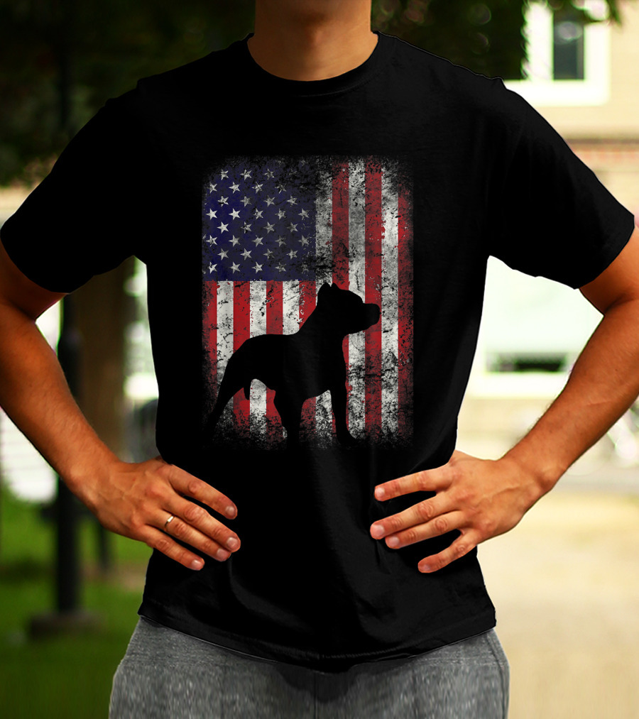 Pitbull Silhouette Against American Flag USA Patriotic T-Shirt