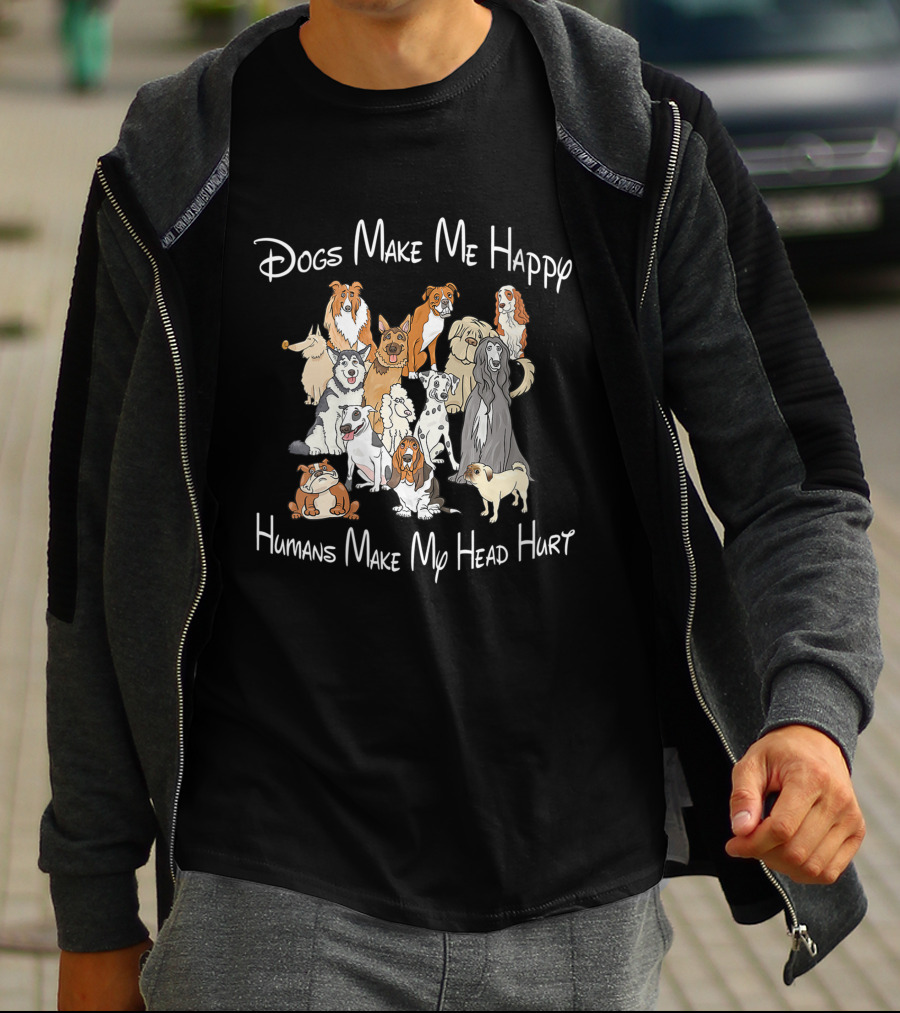 Dogs Make Me Happy Humans Make My Head Hurt With Illustrated Dog Breeds T-Shirt