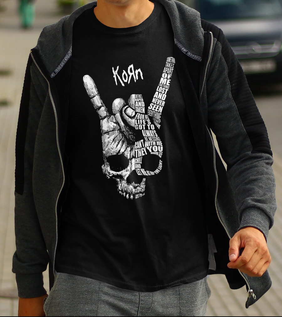 Korn Skull Hand Gesture With Text Phrases T-Shirt