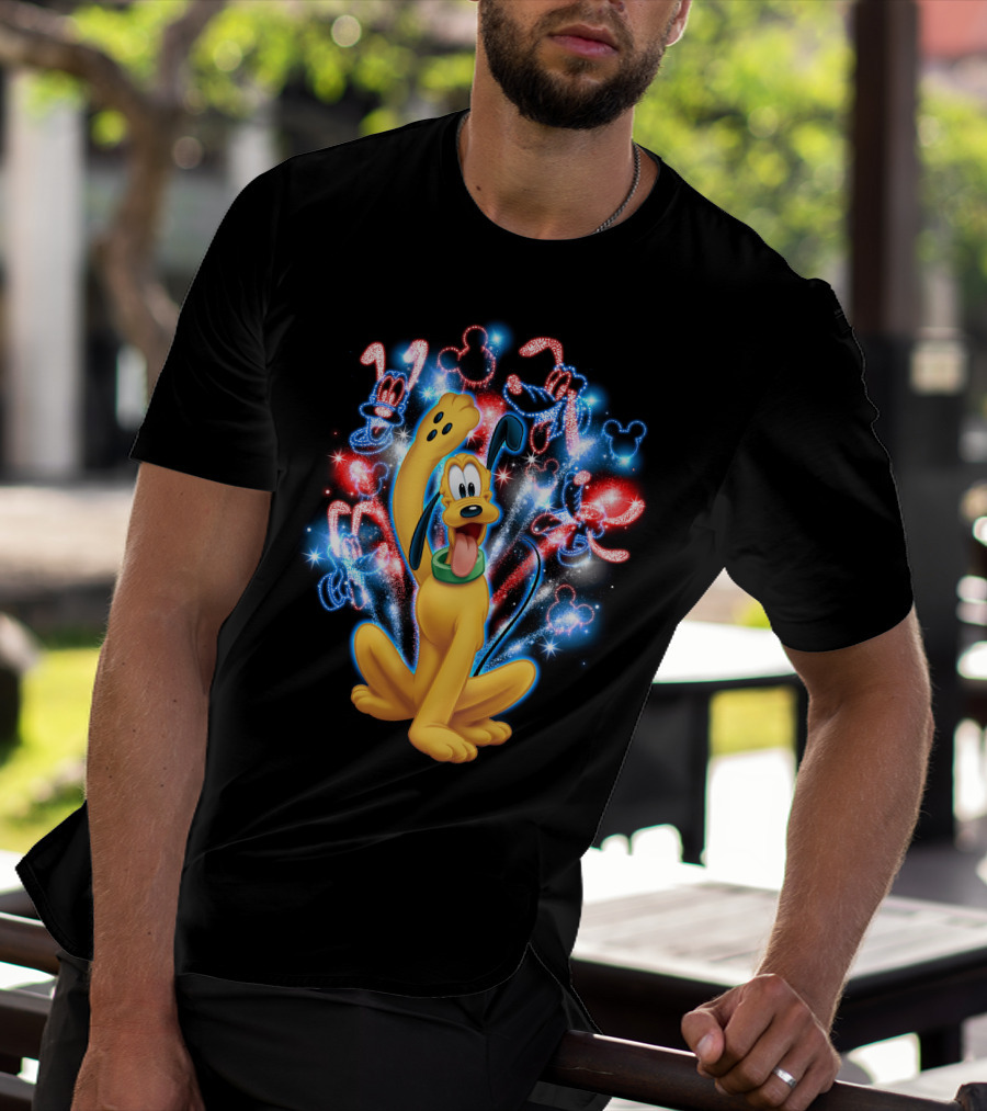 Pluto Disney Fireworks With Mickey Mouse Outlines T-Shirt