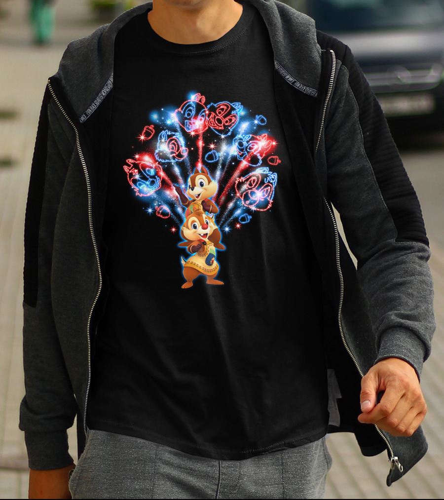 Chip N Dale Red And Blue Firework Display With Chipmunk Faces T-Shirt