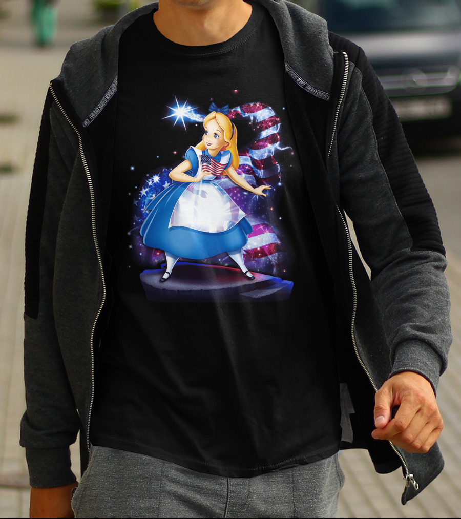 Alice Holding American Flag In Wonderland With Stars And Stripes Background T-Shirt