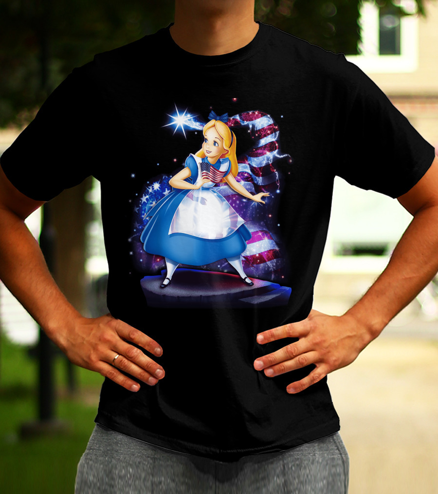 Alice Holding American Flag In Wonderland With Stars And Stripes Background T-Shirt