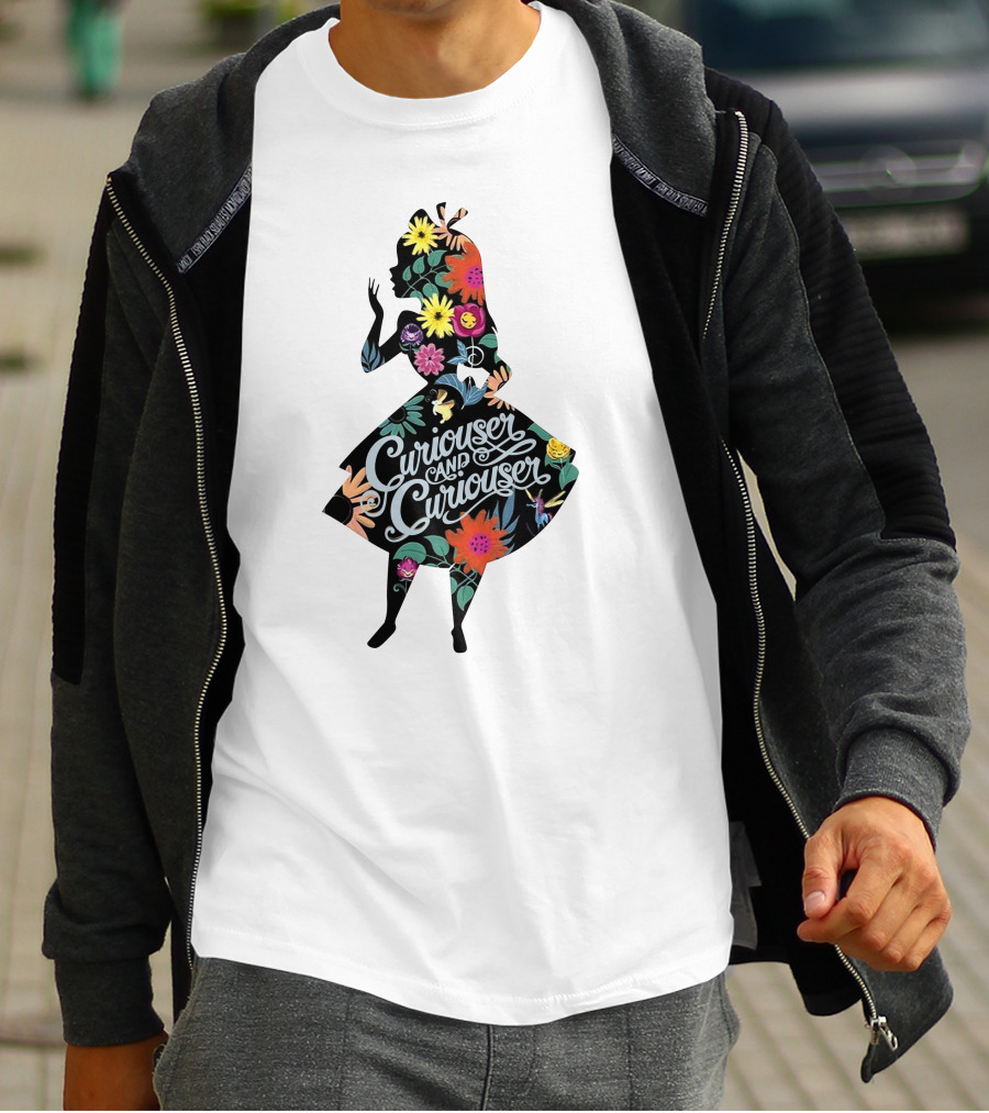Curiouser And Curiouser Alice Silhouette With Colorful Floral T-Shirt