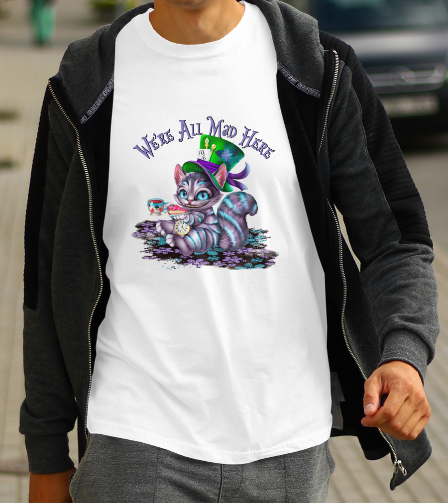 We're All Mad Here Cheshire Cat Tea Party With Hat And Clock T-Shirt