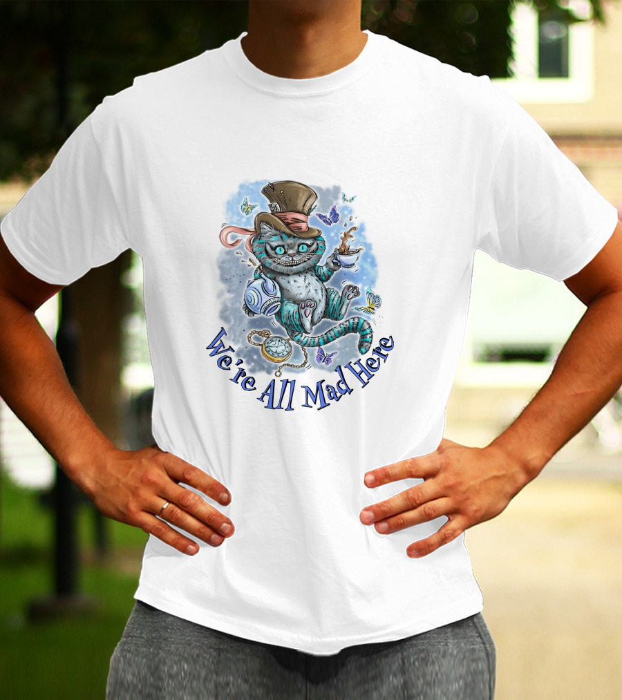 Cheshire Cat We're All Mad Here Mad Hatter Tea Party Butterflies Pocket Watch T-Shirt