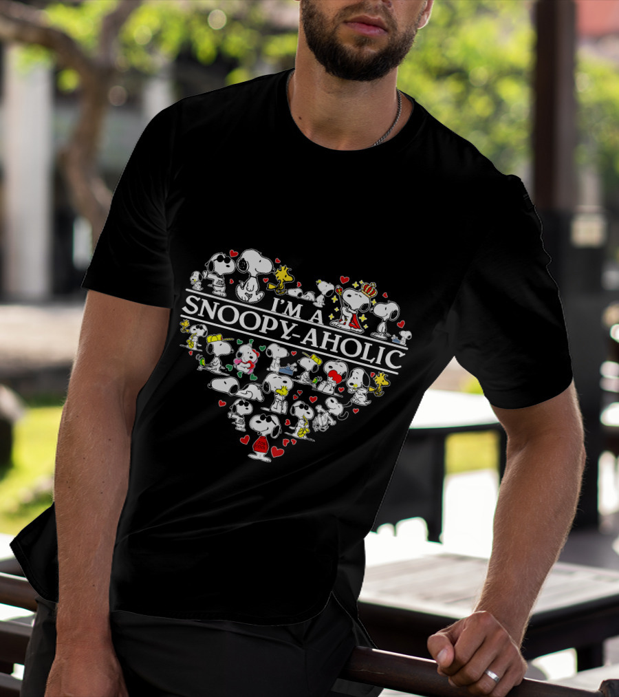 I'm A Snoopy-Aholic Peanuts Heart Collage Of Snoopy And Woodstock With Love Hearts T-Shirt