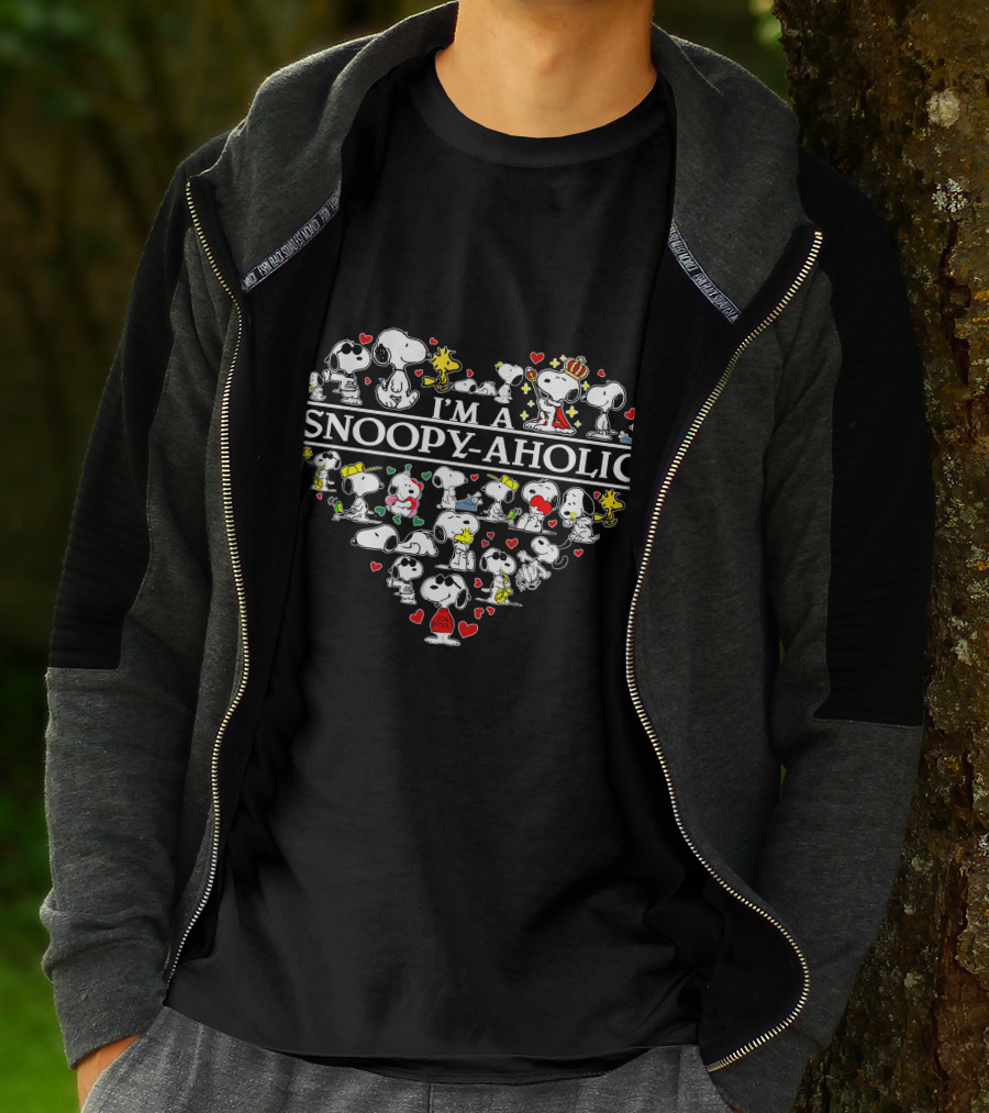 I'm A Snoopy-Aholic Peanuts Heart Collage Of Snoopy And Woodstock With Love Hearts T-Shirt